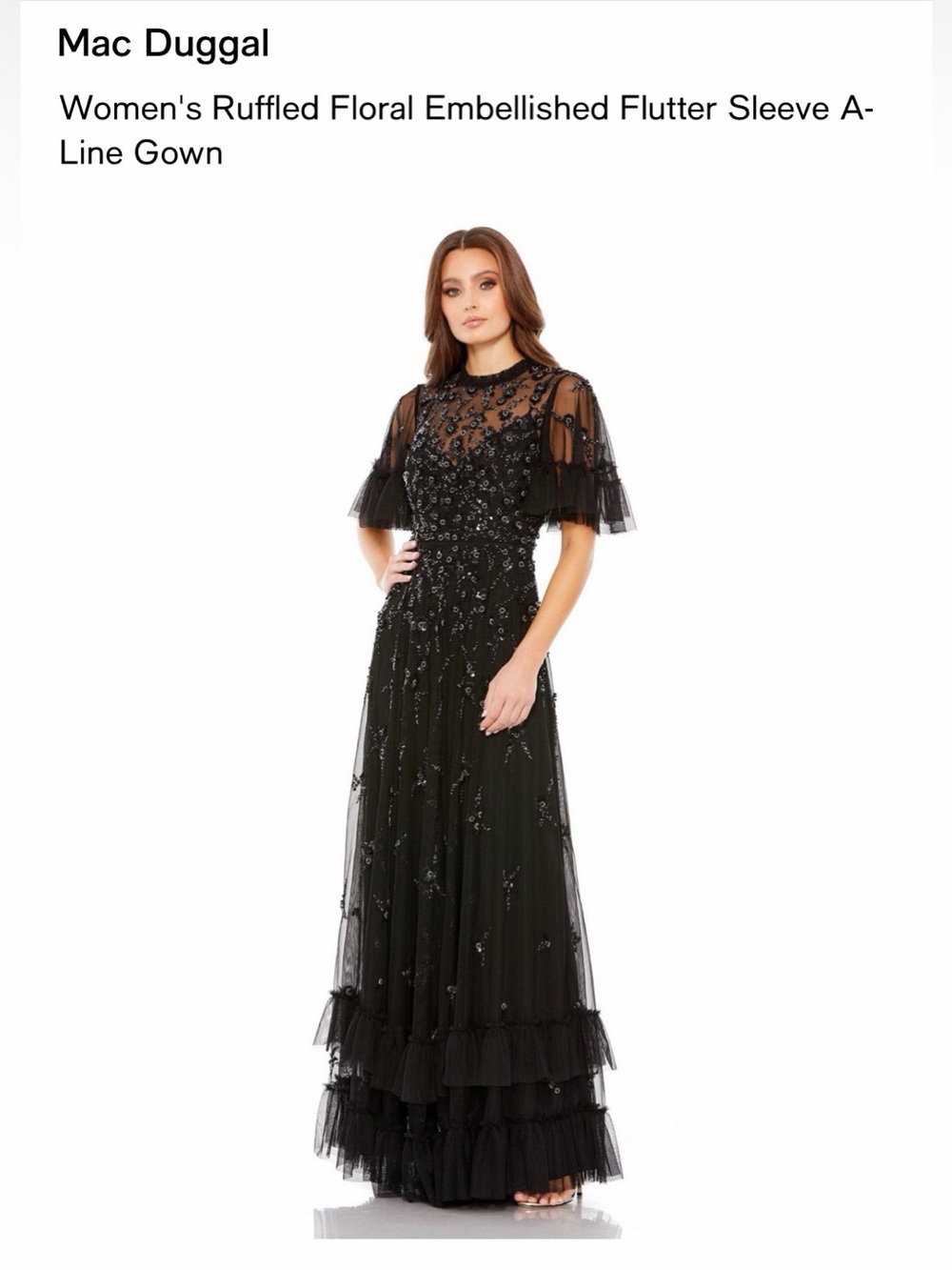 Mac Duggal Black Floral Embellished Flutter Sleeve A-Line Gown 9199 Size 8